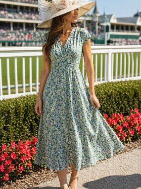 eShakti Green Floral Cap Sleeve Cotton Maxi Dress Lined Size Medium